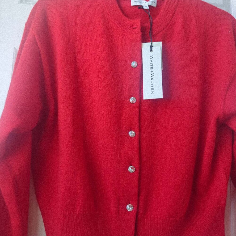 NEW White + Warren Cashmere Crewneck Rhinestone Cardigan Scarlet - Picture 4 of 5